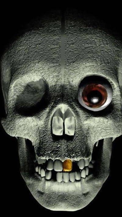 Gothic Skull with Gold Tooth and Red Eye Phone Wallpaper
