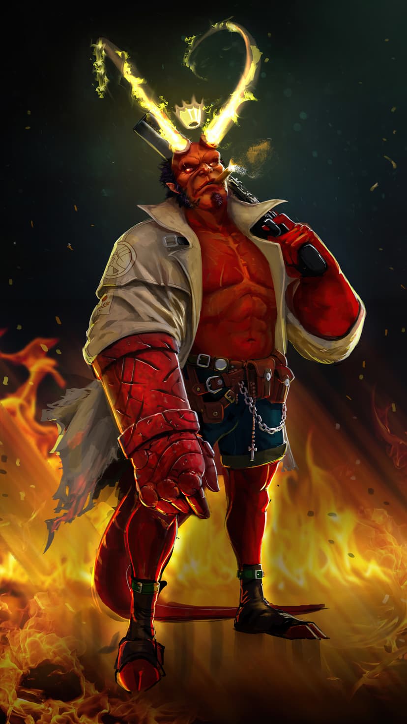Hellboy with glowing fire horns and red skin holds a smoking revolver while surrounded by swirling orange flames.