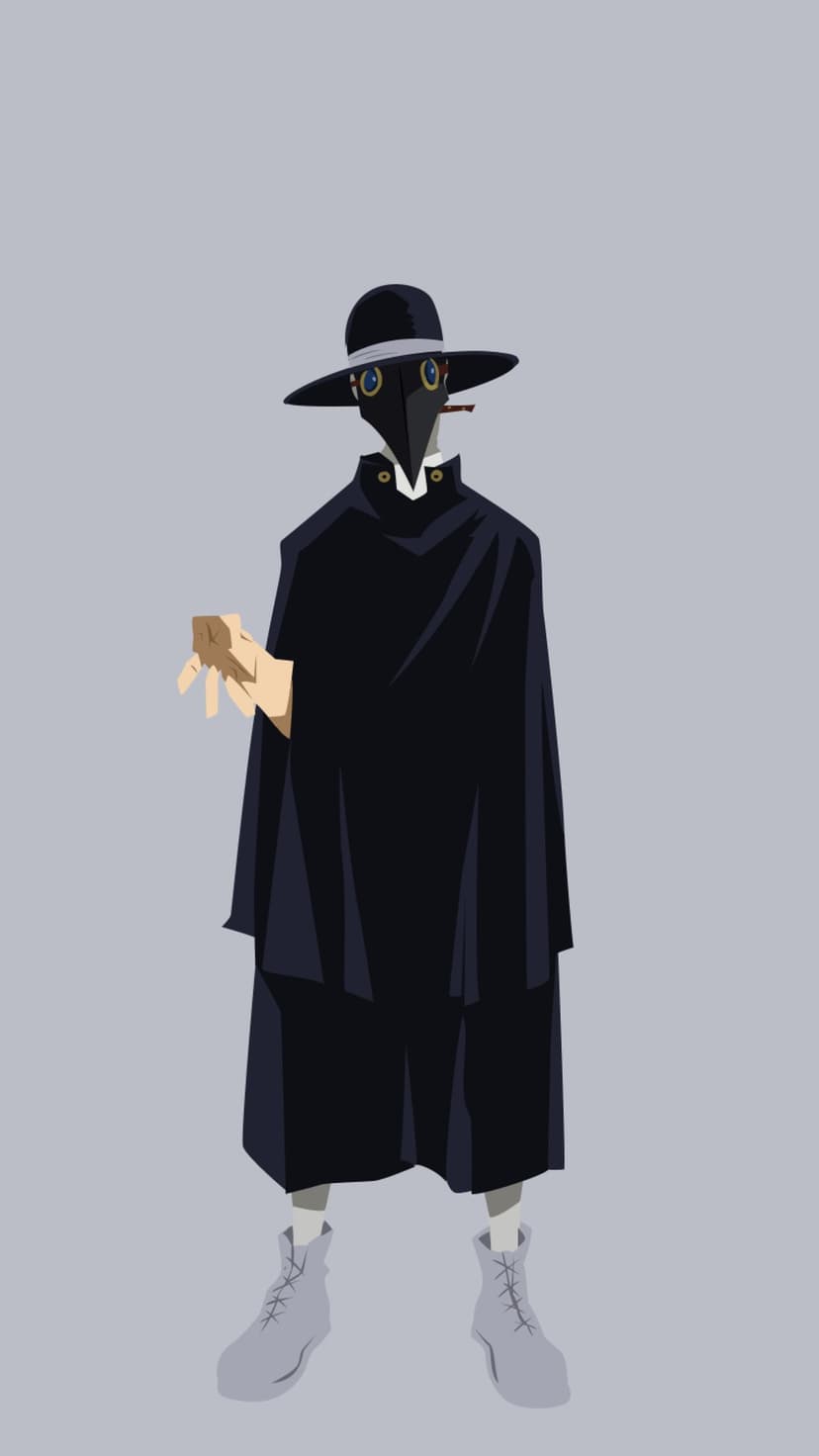 Shin Nemoto in a plague doctor mask and black coat reaches forward against a solid light grey background.