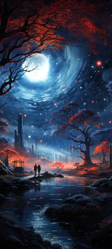 Enchanting Futuristic Landscape with Couple Under a Giant Moon
