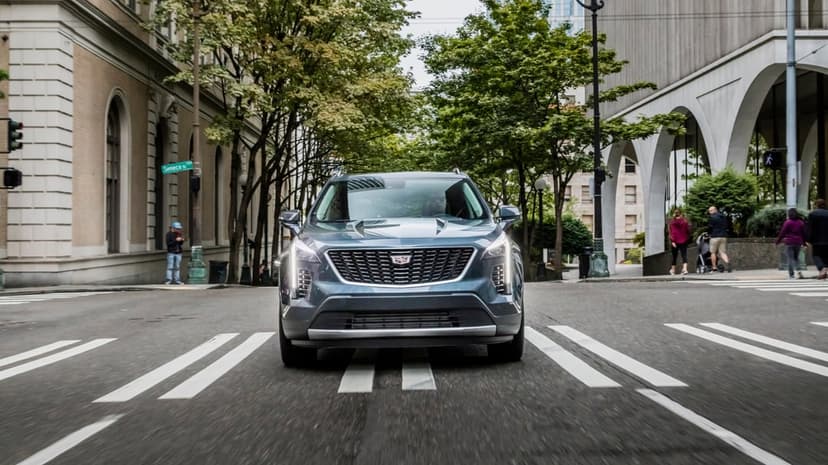 Cadillac SUV driving down a city street with white lane markings, flanked by green trees and urban architecture.