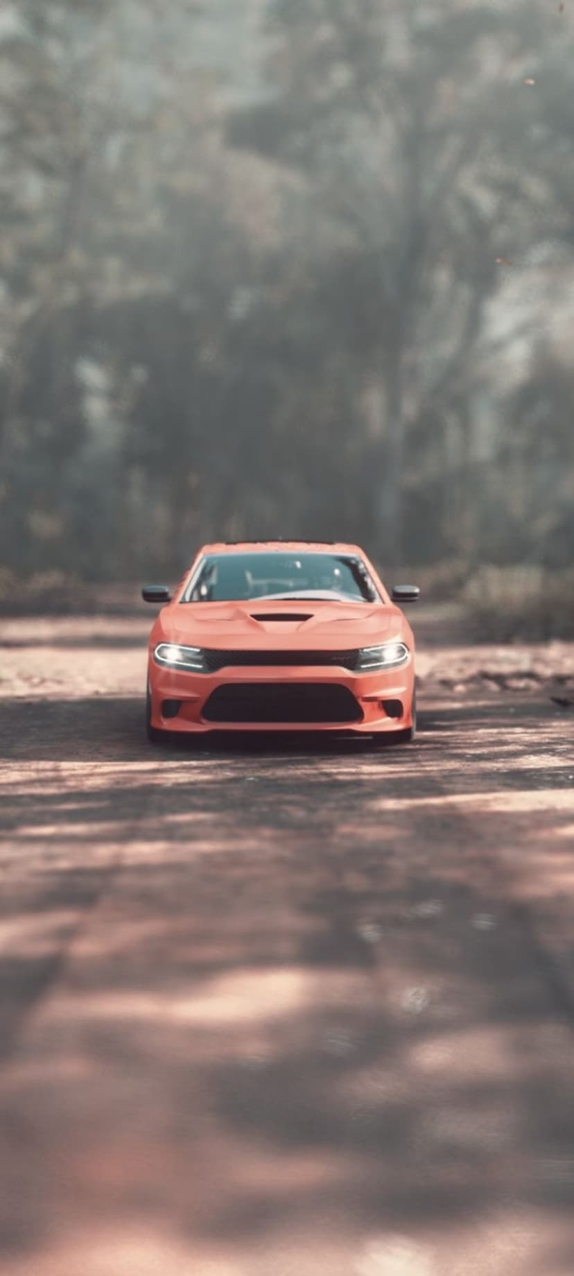 Orange Dodge Charger sits on a dirt road within a misty forest, featuring soft bokeh and blurred tree silhouettes.