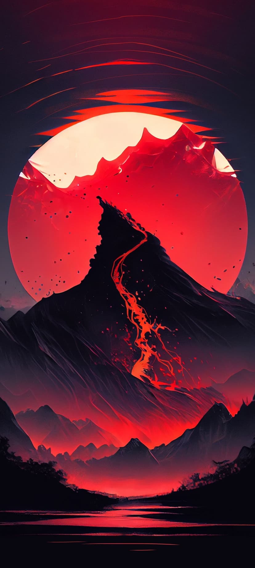 Molten lava flows down a dark mountain peak under a massive red moon and smoky, fiery twilight sky.