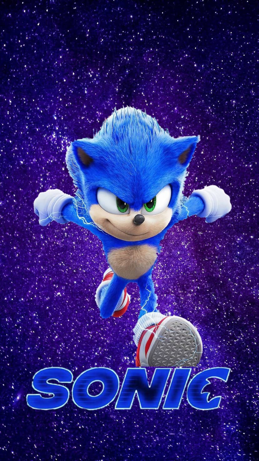 Sonic the Hedgehog sprints across a deep purple cosmic background filled with stars and blue title lettering.