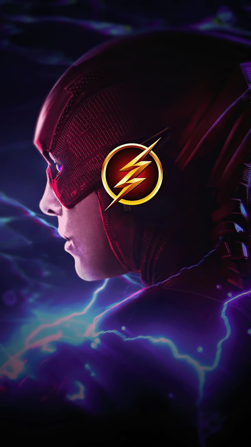 The Flash in a red suit with a gold logo stands amidst blue and purple lightning bolts in a side profile view.