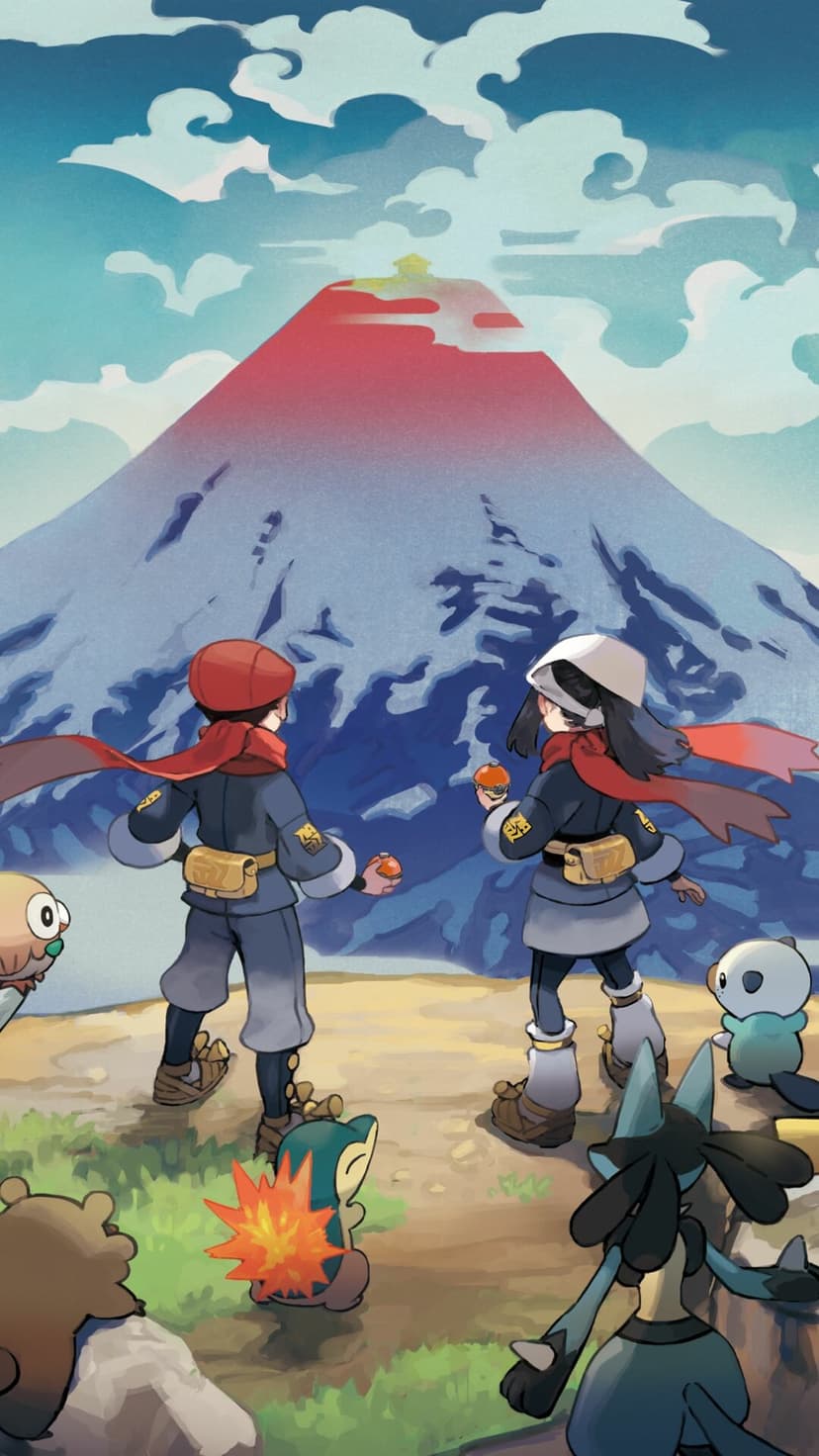 Two trainers and their Pokemon stand on a cliff looking at a red-topped mountain under a swirling blue sky.