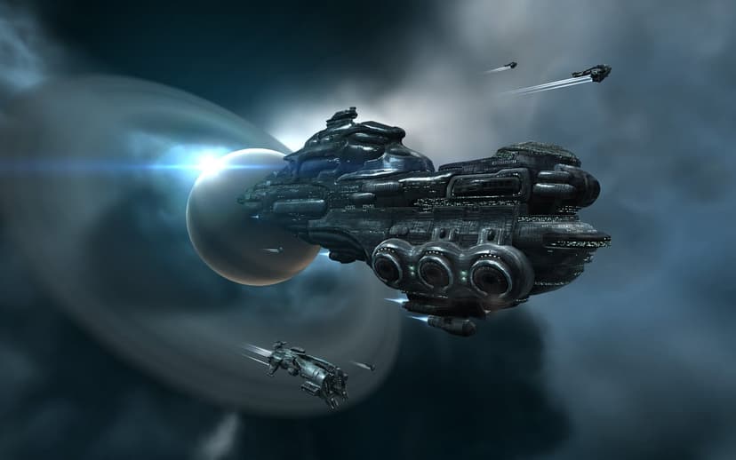 Dark industrial spaceship with glowing green lights moves past a bright glowing planet in a dark starry nebula.