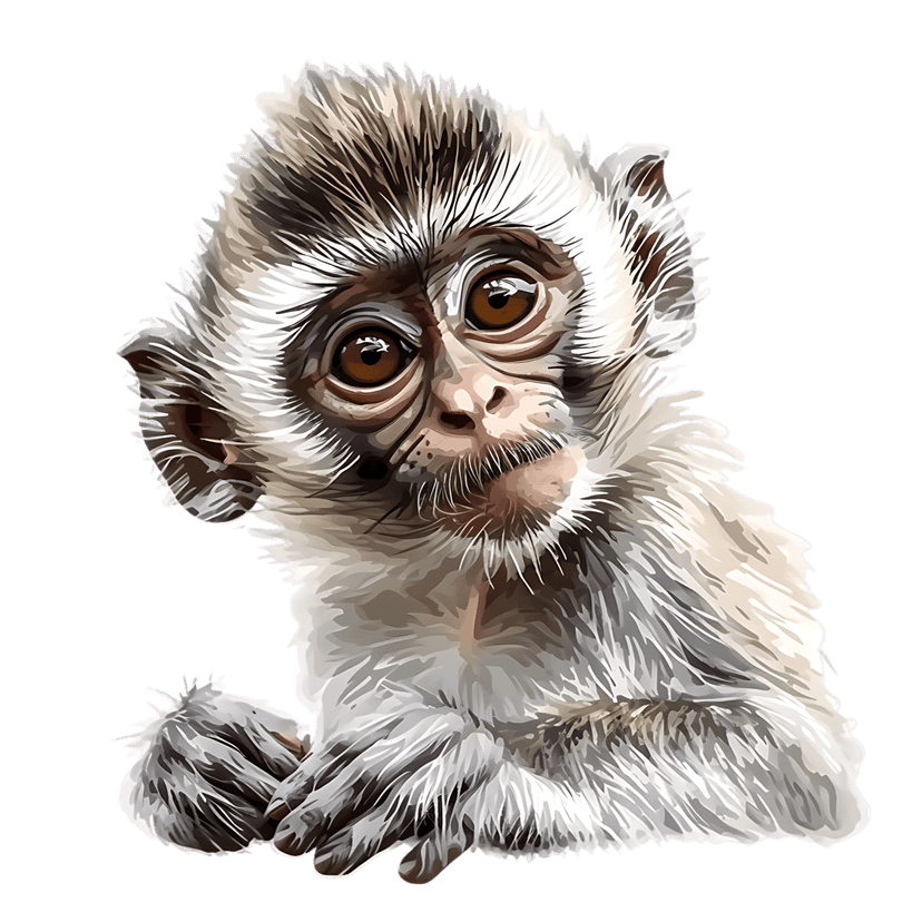 Vervet monkey primate illustration features detailed grey fur and large brown eyes against a black background.