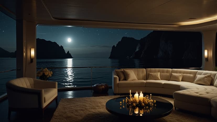 Yacht cabin interior with cream-colored sofas facing a moonlit ocean and dark mountains under stars.