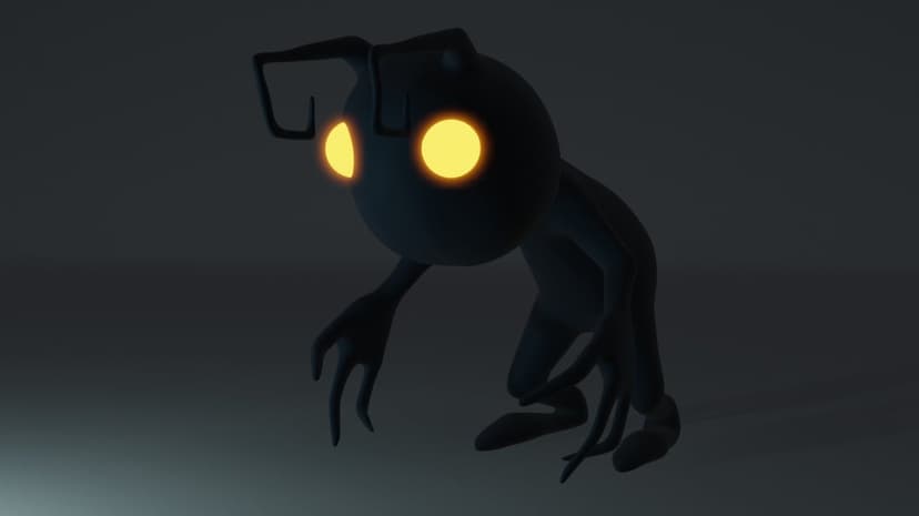 Shadow creature with glowing yellow eyes and long claws in a dark, atmospheric setting with soft floor lighting.