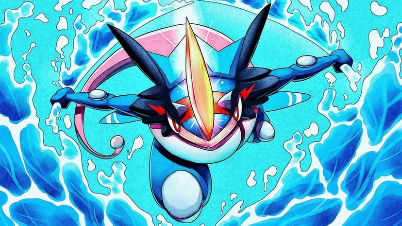 Ash-Greninja lunges forward through vibrant blue water splashes with a pink scarf and glowing yellow crest.
