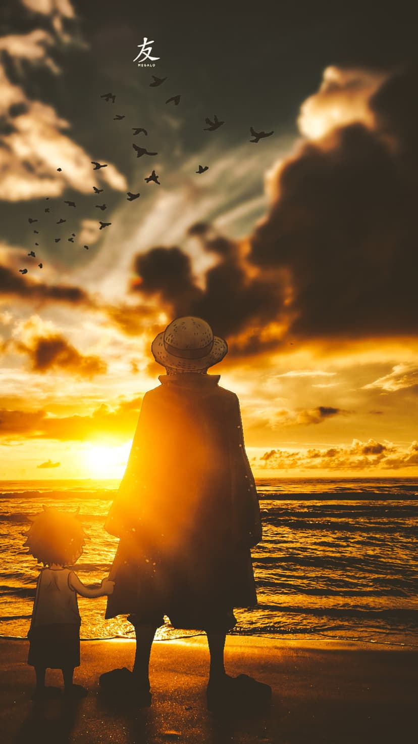 Two silhouetted figures stand on a beach watching a golden sunset as birds fly over the calm ocean waves.