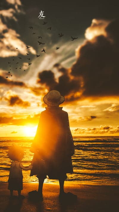 Serene Anime Friendship Silhouette Sunset Mobile Screen