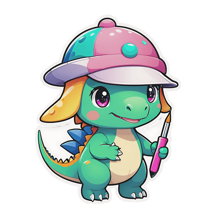 Green dinosaur sticker wears a pink cap while holding a paintbrush, showcasing purple eyes and blue dorsal spikes.