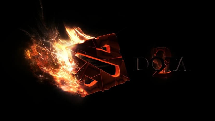 Fiery Dota 2 stone logo glowing with intense orange light and swirling flames on a dark black background.