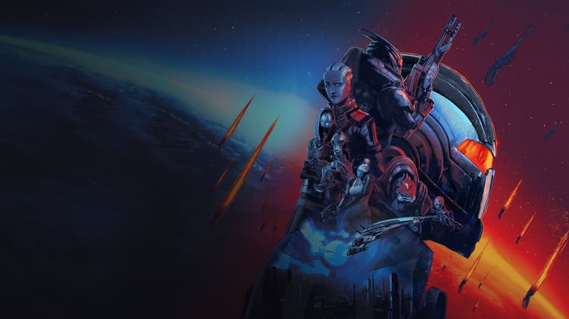 Mass Effect characters silhouetted in a helmet profile against a blue space and fiery orange atmosphere.