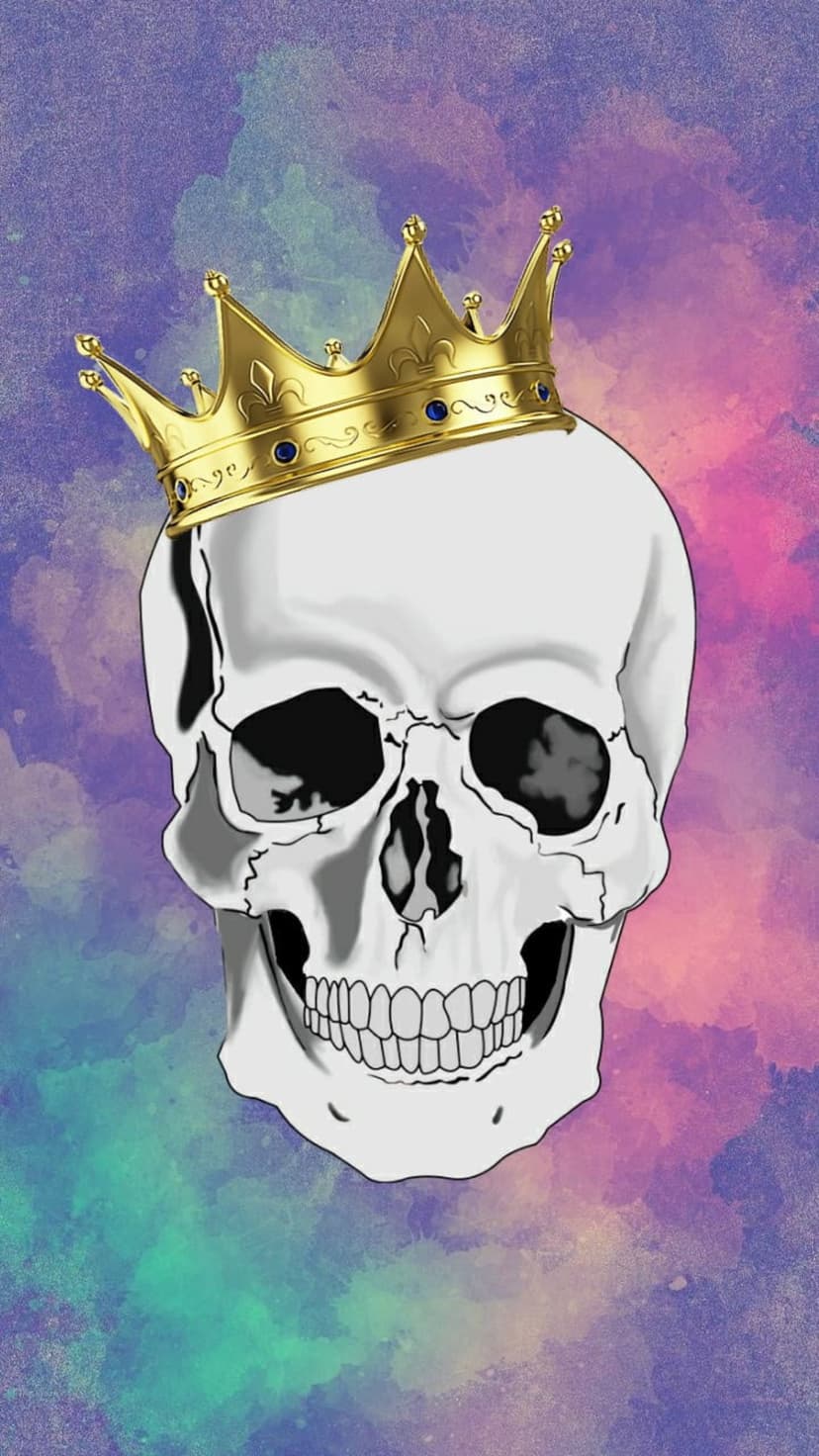 White skull wearing a gold crown with blue gems centered on a purple and pink watercolor cosmic background.