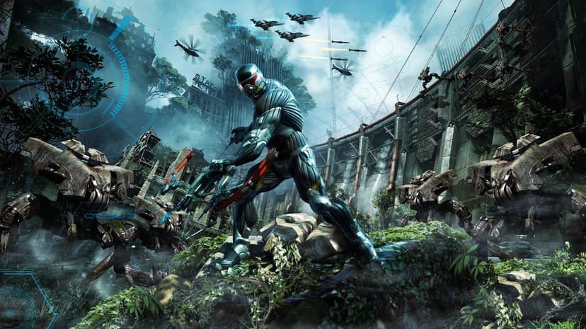 Prophet in a futuristic nanosuit holds a bow in a vine-covered city with mechanical enemies and aircraft.