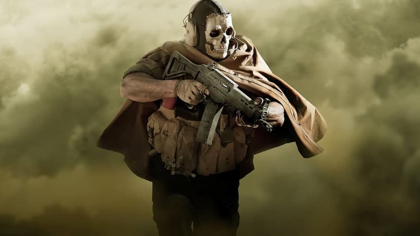 Soldier wearing a skull mask and tan poncho holds a rifle in a smokey, olive-toned battlefield environment.