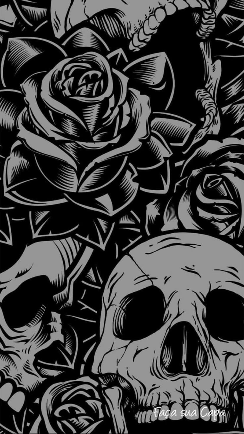 Skulls with hollow eye sockets rest among layered rose blossoms in a detailed black and grey shaded composition.