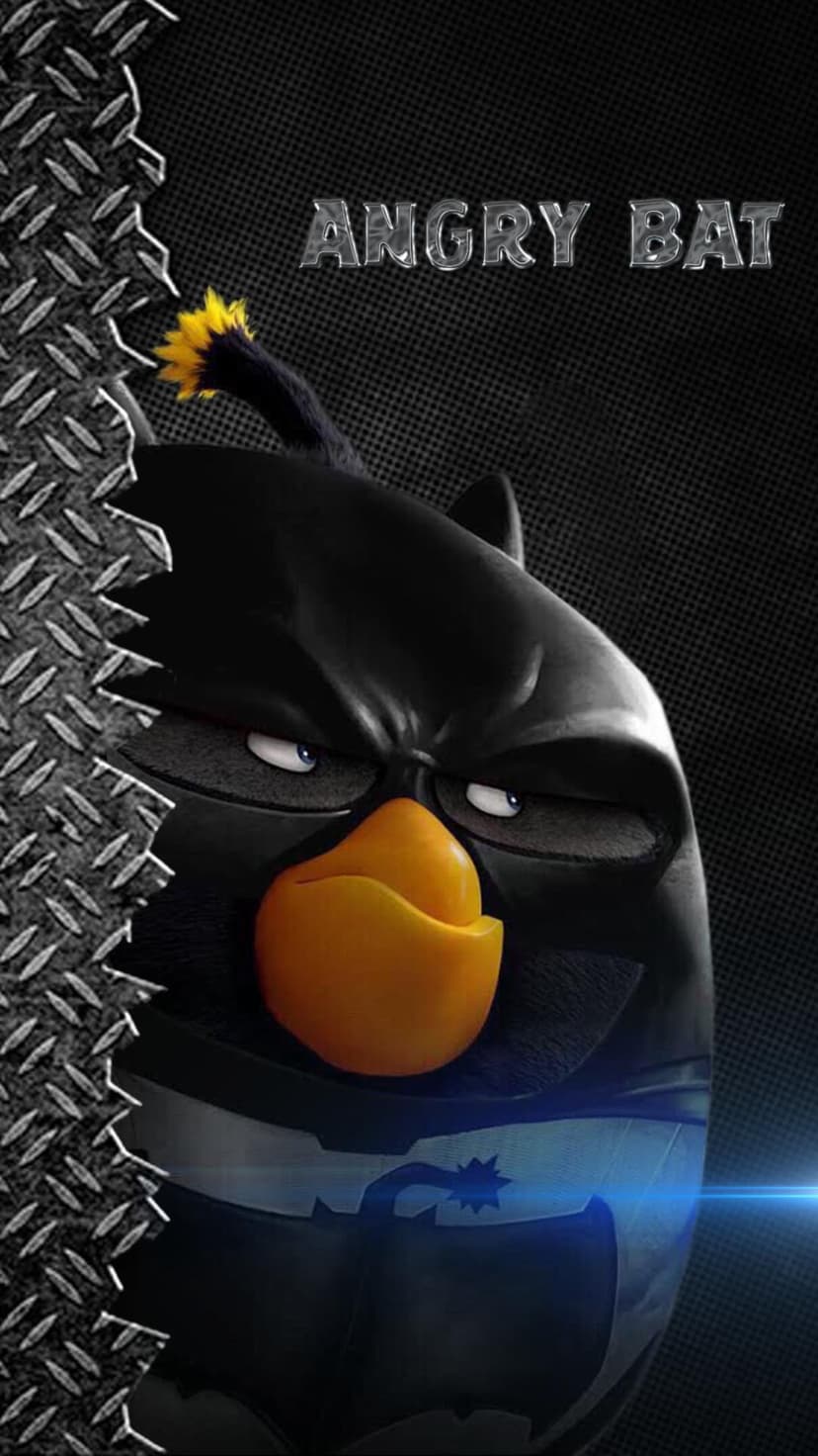 Angry black bat character with an orange beak and yellow crest glowering against a dark metallic background