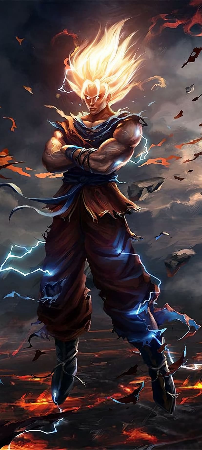 Goku in Super Saiyan form stands amidst yellow flames, blue lightning, and levitating rocks in a desert crater.