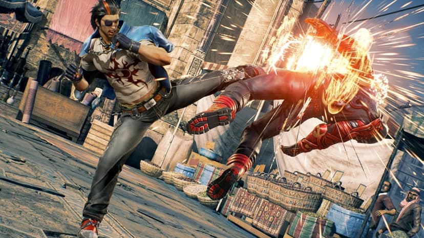 Hwoarang delivers a powerful kick with yellow sparks in a Middle Eastern market fighting game scene.