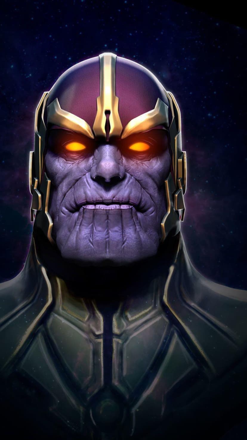 Thanos wearing purple and gold armor with glowing orange eyes against a dark star-filled outer space background.