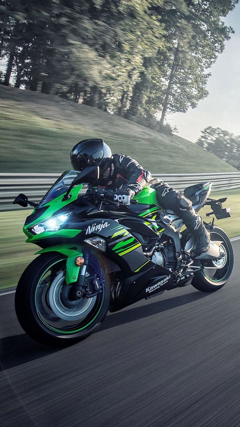 Green Kawasaki Ninja sportbike leans deep into a sunlit track curve with motion blur for a mobile screen.