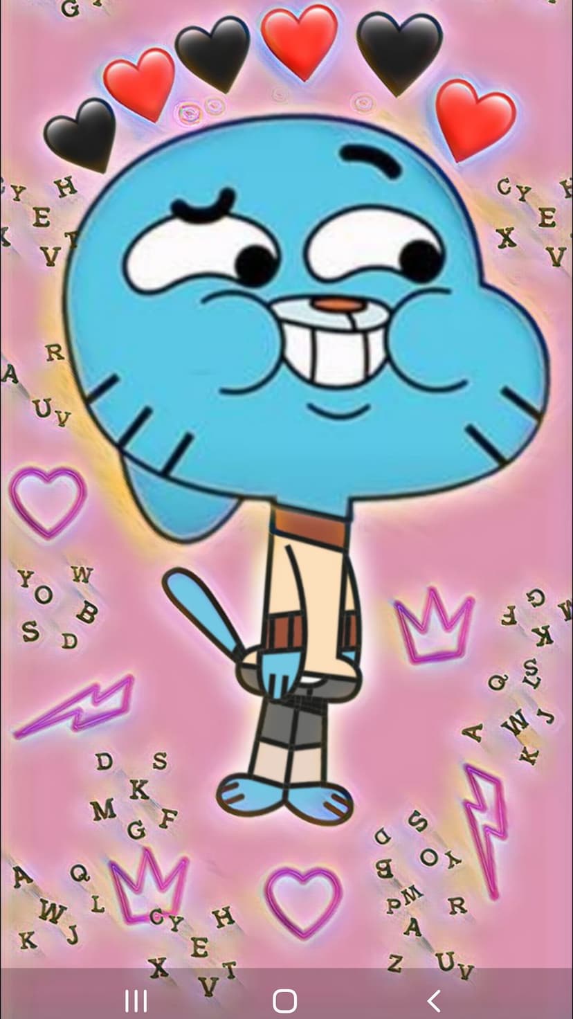 Gumball Watterson with rosy cheeks stands amid floating red hearts, black crowns, and letters on a pink backdrop.