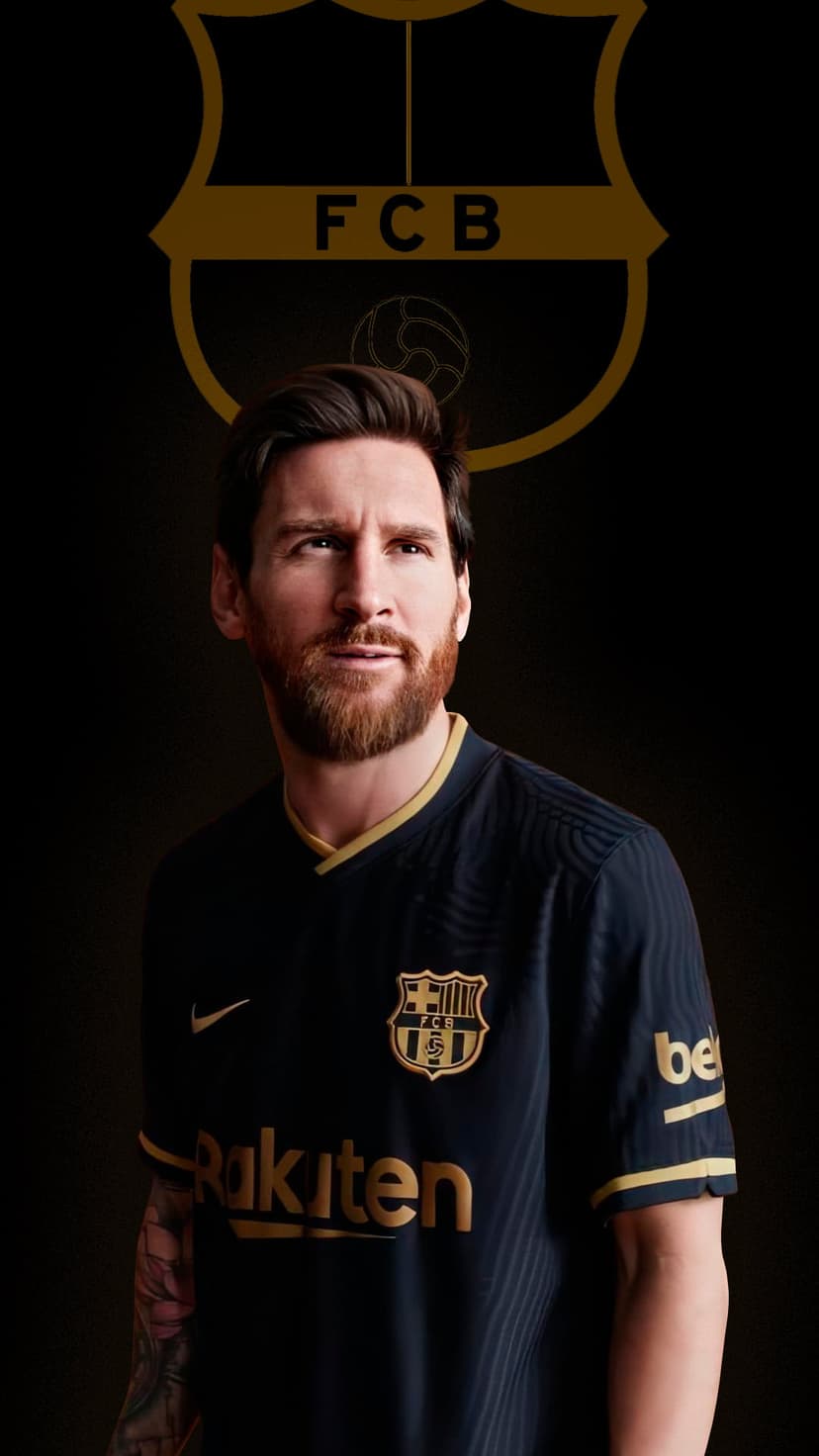 Lionel Messi posing in a black FC Barcelona jersey with gold trim against a dark, minimalist background.