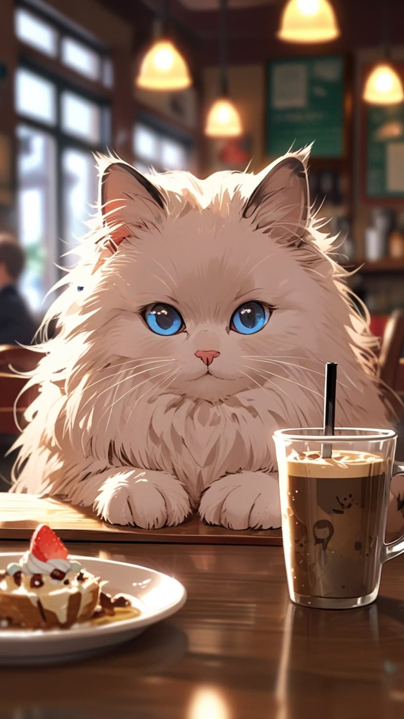 White fluffy cat with blue eyes sits at a cafe table with a strawberry dessert and a frothy coffee drink.