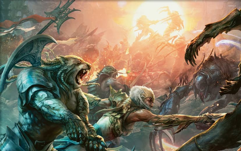 Leonin warrior in teal armor and white-haired fighter battle mechanical monsters in a sunset fantasy war zone.