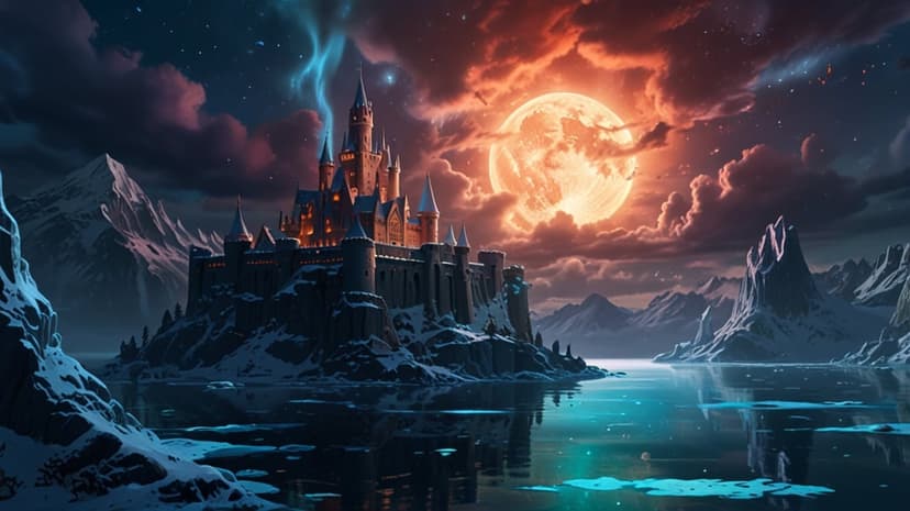 Spired castle stands on a snowy cliff under a large full moon and green aurora over a frozen alpine lake.