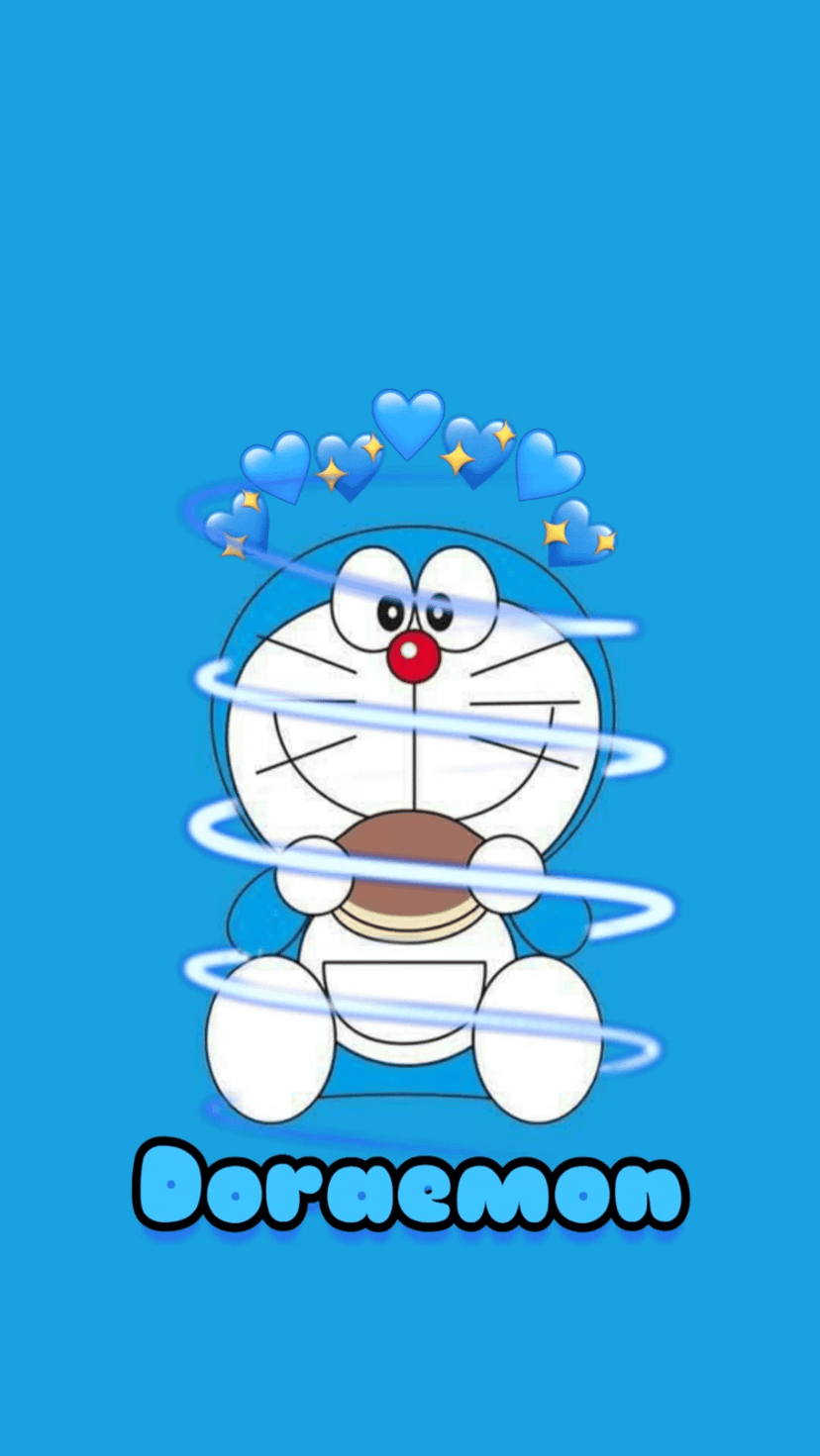 Doraemon holds a dorayaki bean pancake surrounded by stars, hearts, and swirls on a solid blue background.