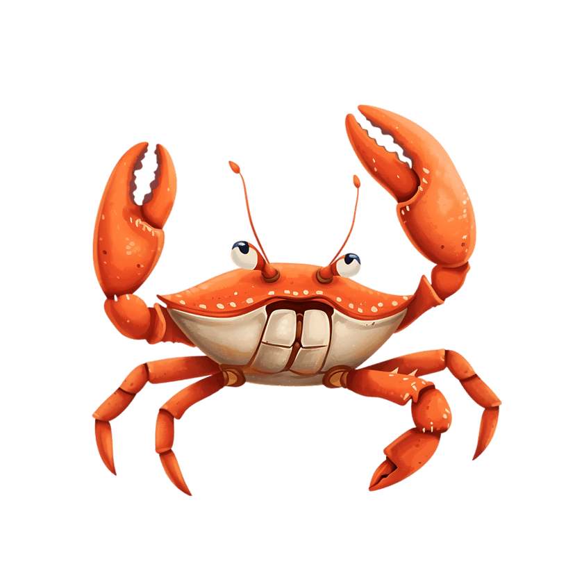 Orange cartoon crab illustration featuring large raised claws, a toothy grin, and speckled shell texture.