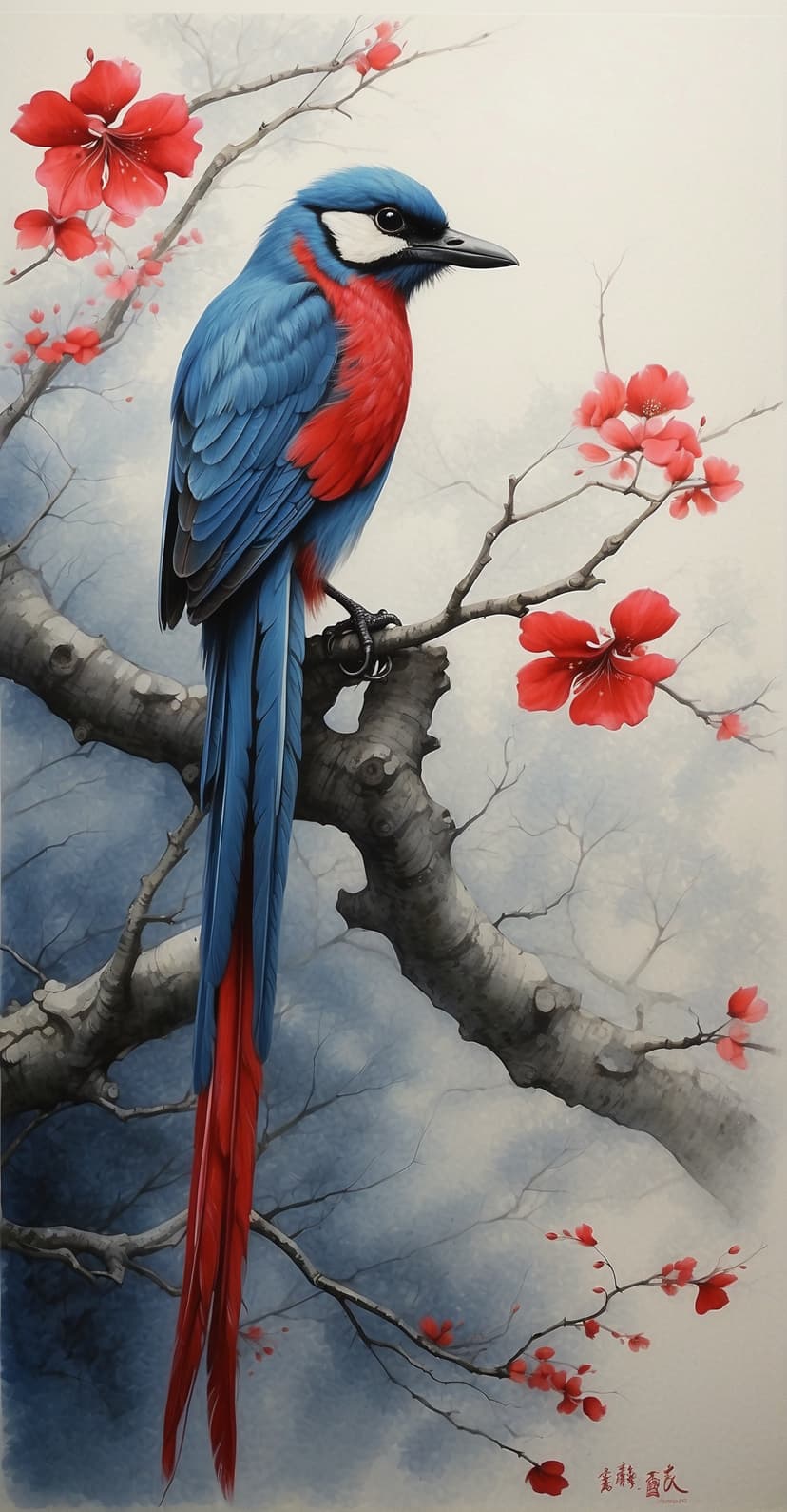 Blue bird with a red breast perches on a branch with small red flowers against a soft, misty white background.