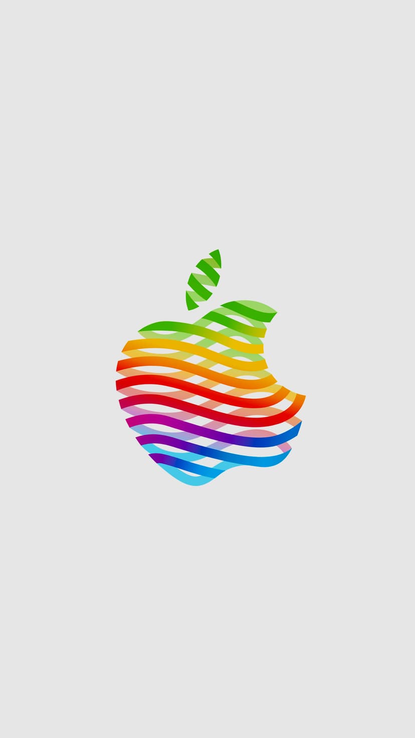 Apple logo made of colorful wavy lines centered on a light gray background in a vertical phone orientation.
