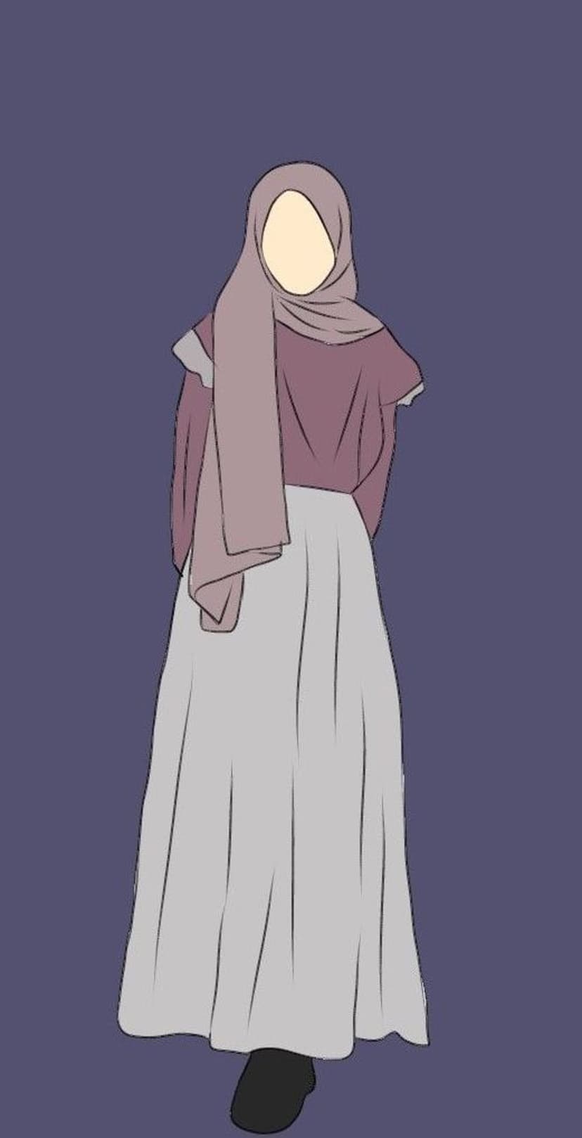 Woman in a pale mauve hijab and dusty rose top stands against a solid purple background in a minimalist style.