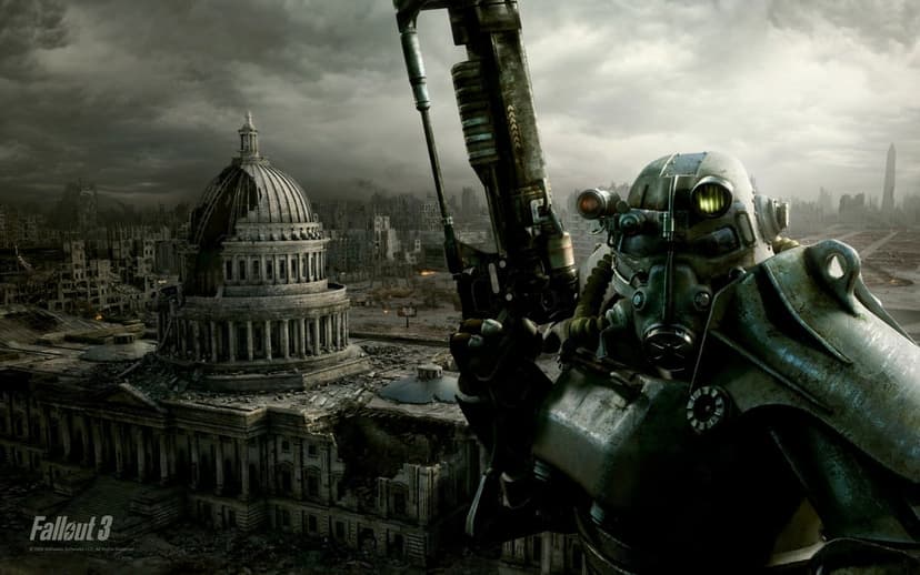 Power Armor soldier holding a laser rifle before the ruined US Capitol in a post-apocalyptic wasteland scene.