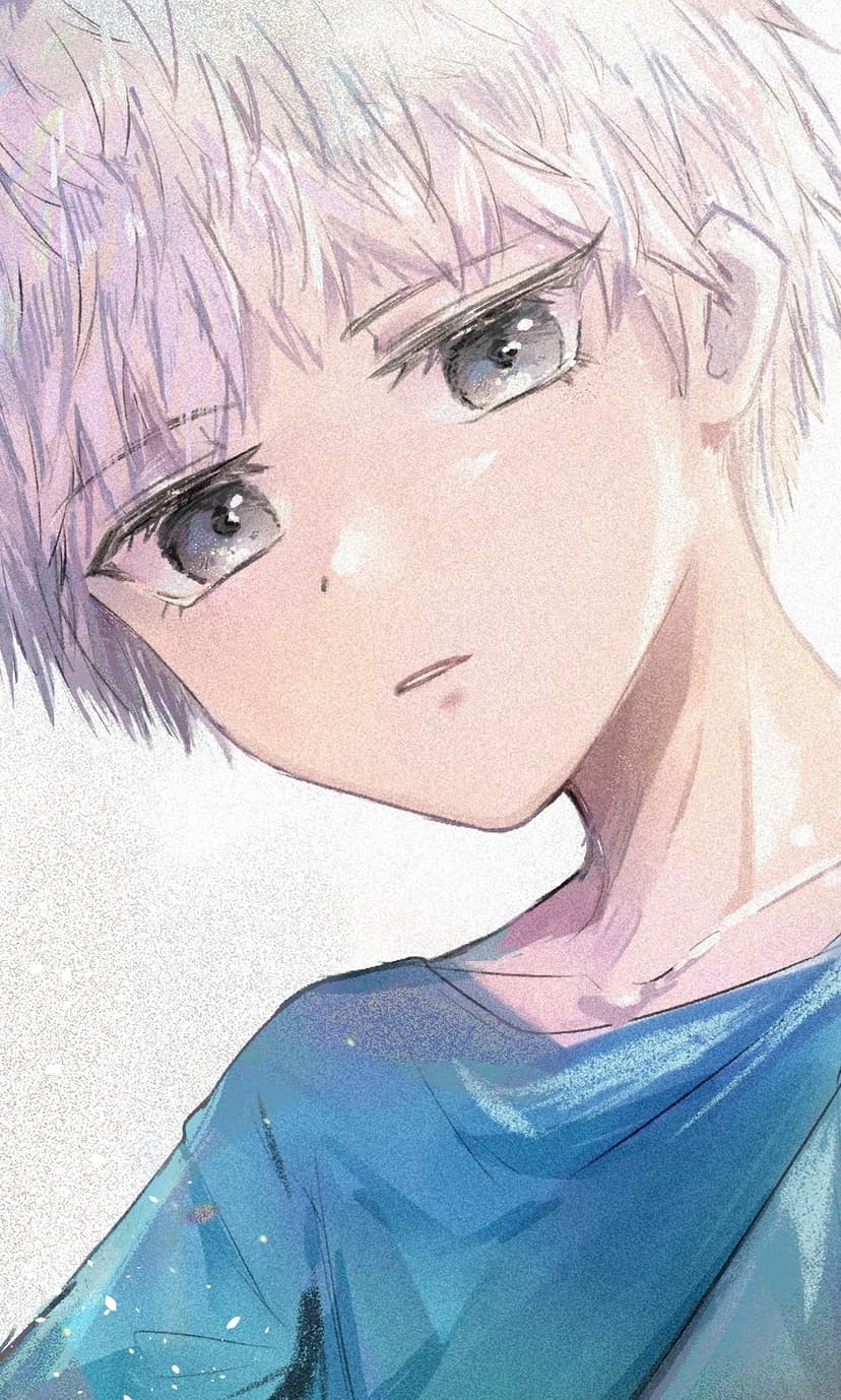 Young person with spiky purple hair and grey eyes wearing a speckled blue t-shirt with a calm expression.
