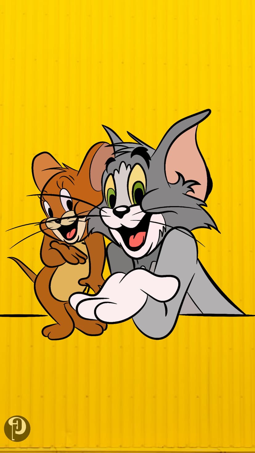 Tom the cat and Jerry the mouse stand together in a playful pose against a bright yellow corrugated background.