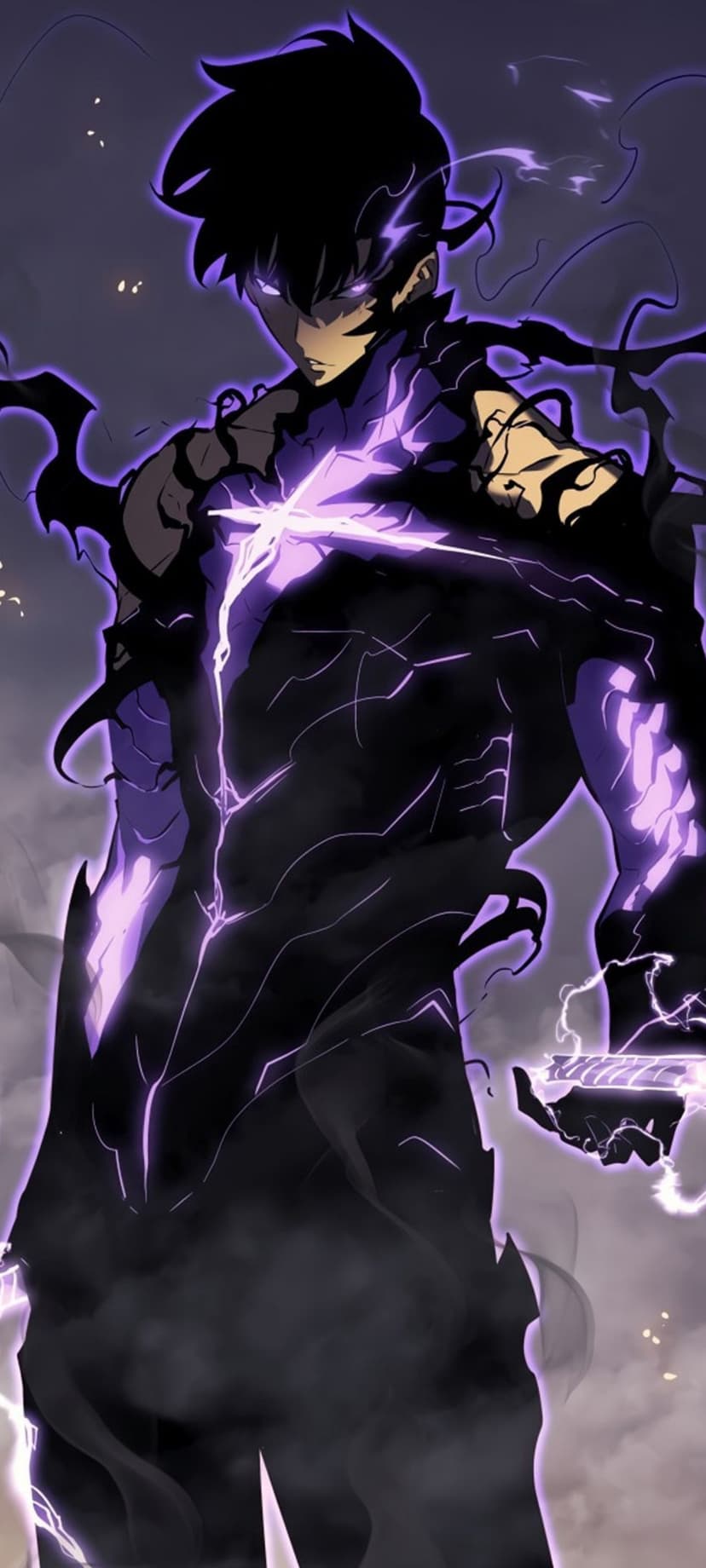 Sung Jinwoo stares forward with glowing purple eyes as dark smoky tendrils swirl around his powerful silhouette.