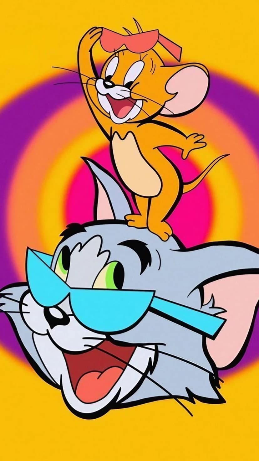 Tom the cat and Jerry the mouse wear blue shades against a colorful background of orange and purple circles.