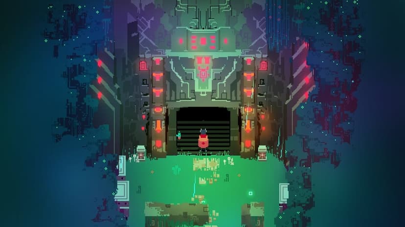 Pixel art character in a red cloak stands before a giant glowing neon portal surrounded by teal ruins.