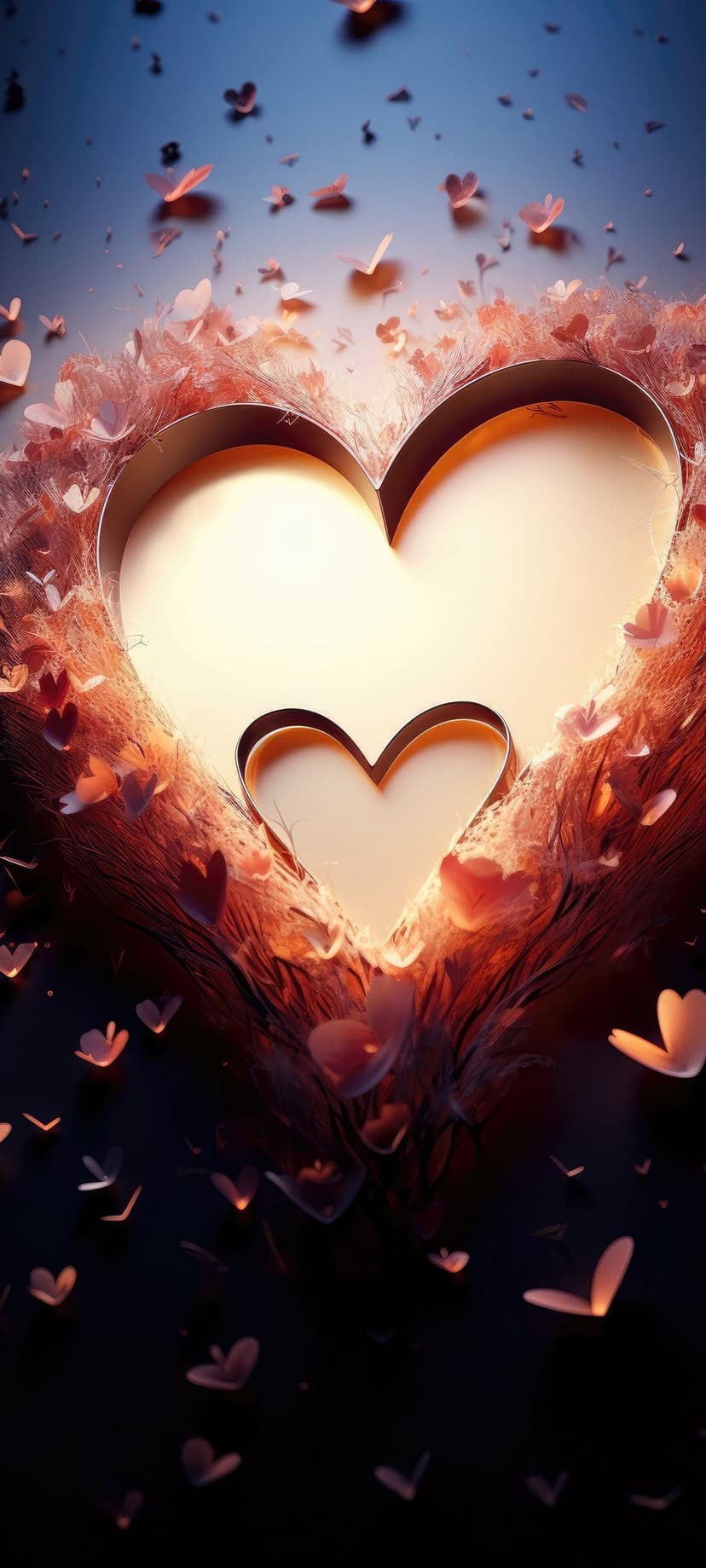 Glowing heart-shaped frame surrounded by pink petals falling against a dark background in vertical orientation.