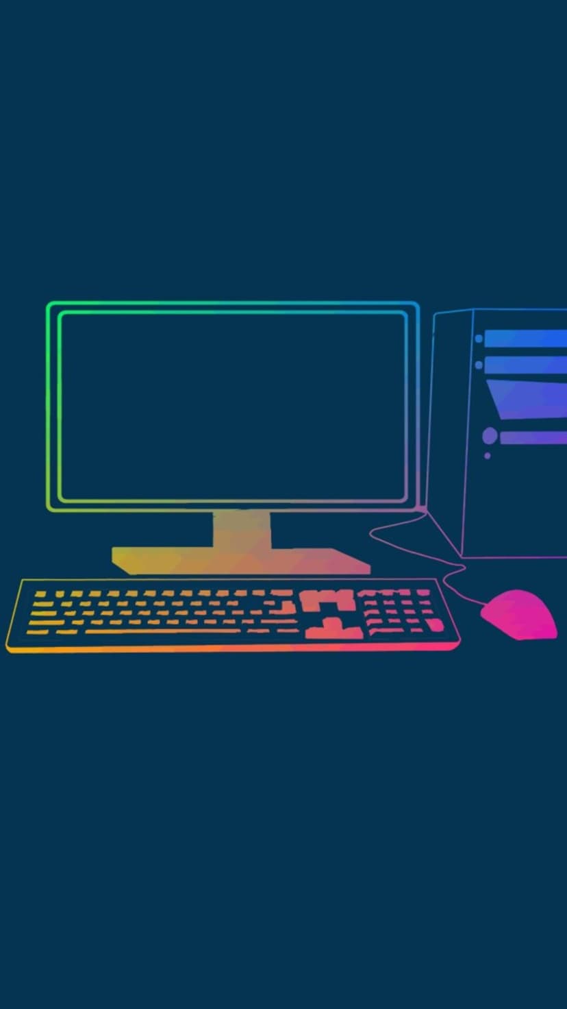 Desktop computer outlines glow with a rainbow gradient against a dark blue backdrop for mobile screens.