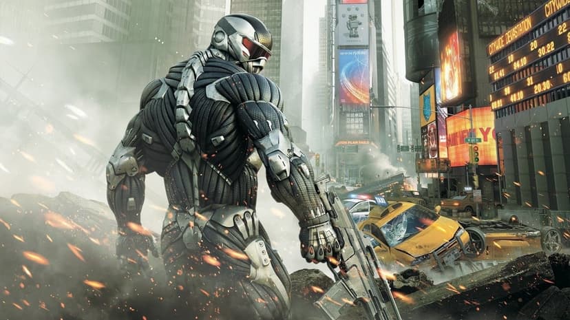 Cyborg soldier in a Nanosuit stands in a ruined Times Square with burning taxis and smoke under bright light.