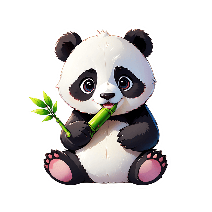 Panda cub sticker illustration features a fluffy bear eating green bamboo leaves on a transparent backdrop.