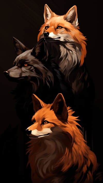 Three Foxes Facing Left on Dark Background